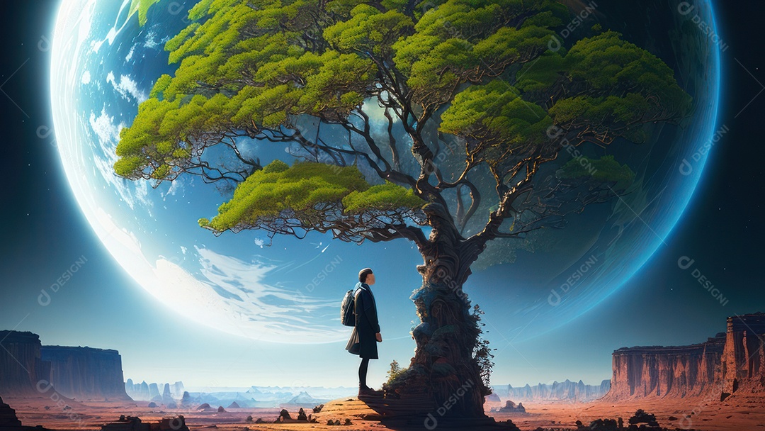 Imagem realista de pessoa caminhando sobre lindos lugares.