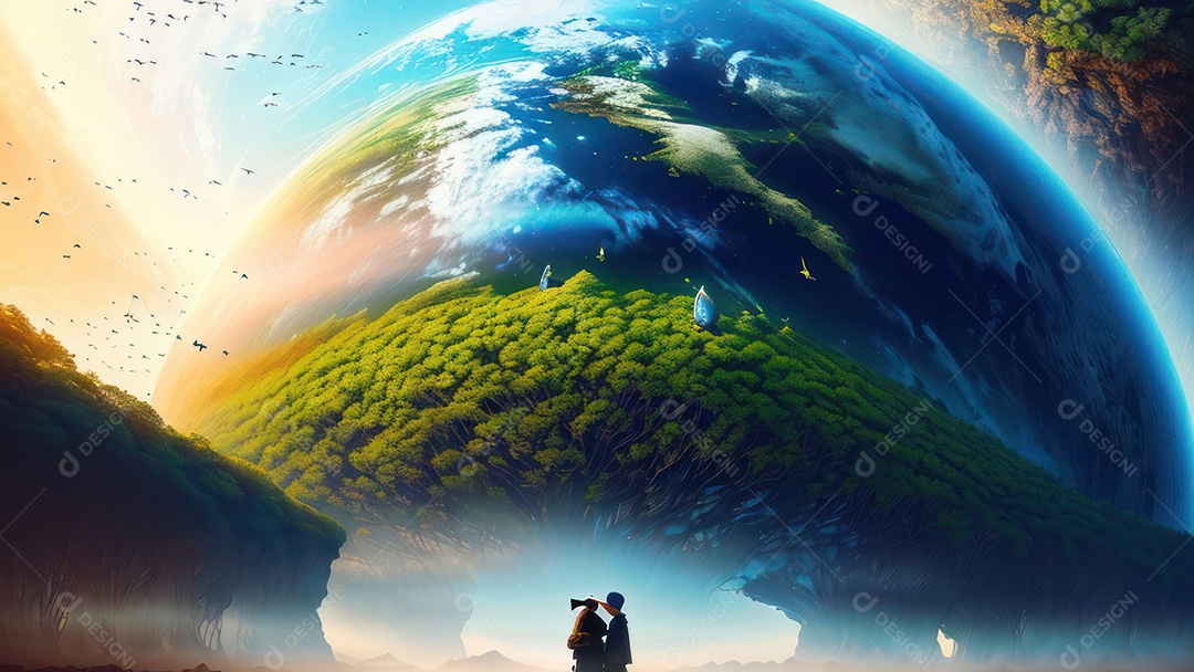 Imagem realista de pessoa caminhando sobre lindos lugares.