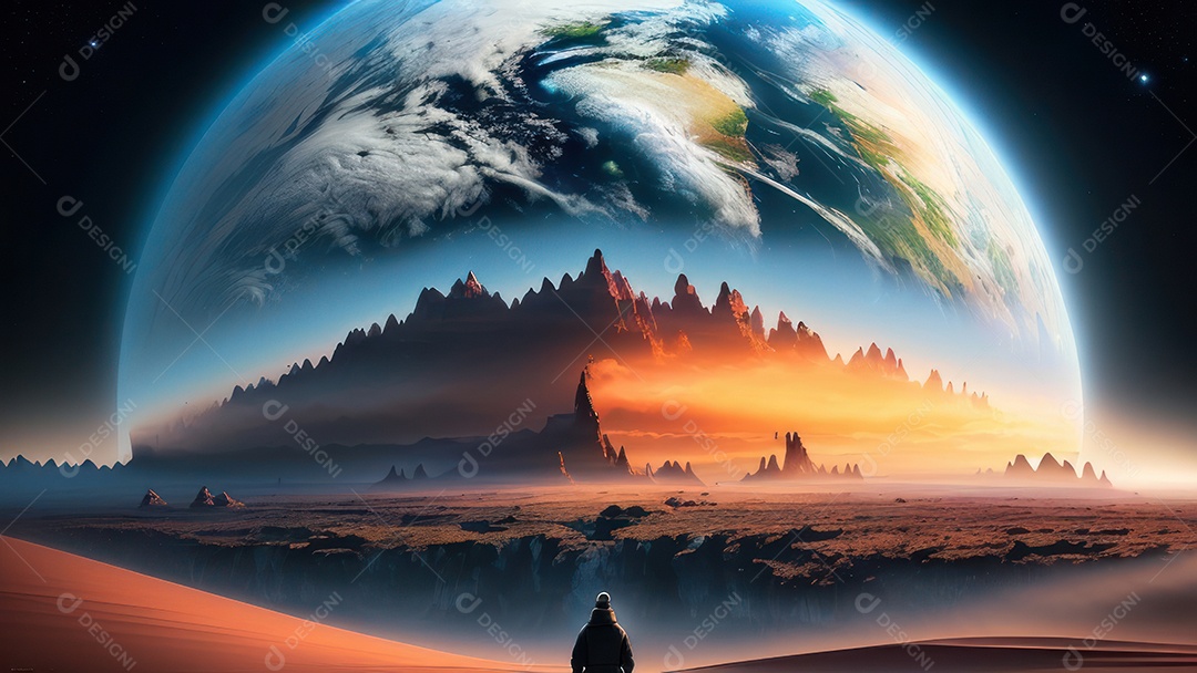 Imagem realista de pessoa caminhando sobre lindos lugares.