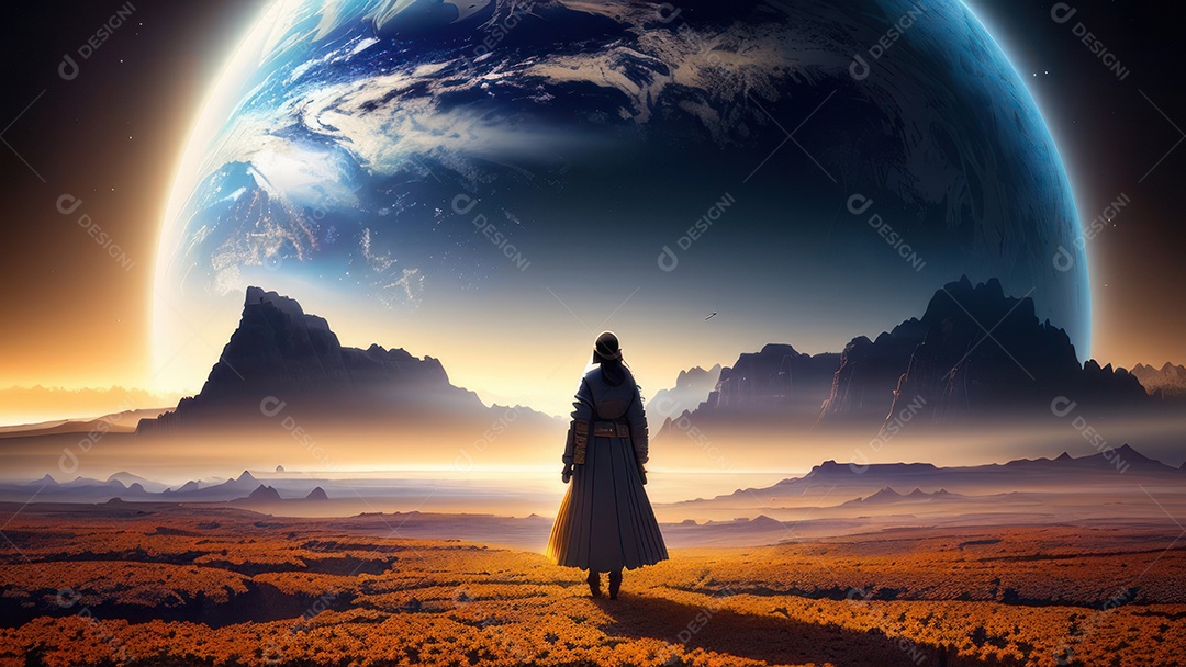 Imagem realista de pessoa caminhando sobre lindos lugares.