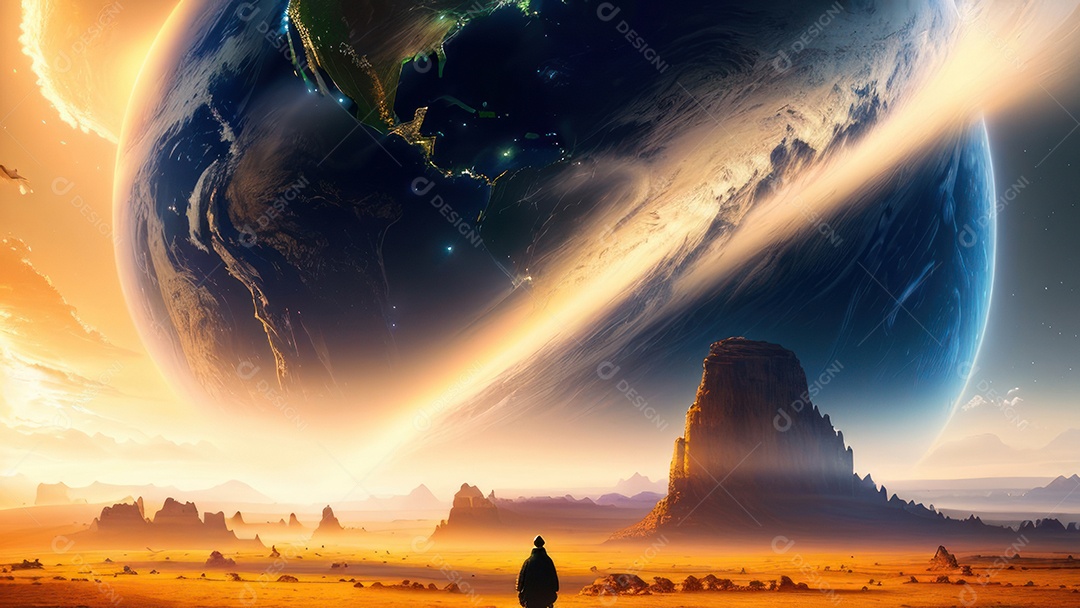 Imagem realista de pessoa caminhando sobre lindos lugares.