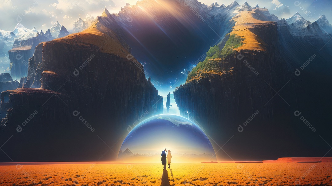 Imagem realista de pessoa caminhando sobre lindos lugares.