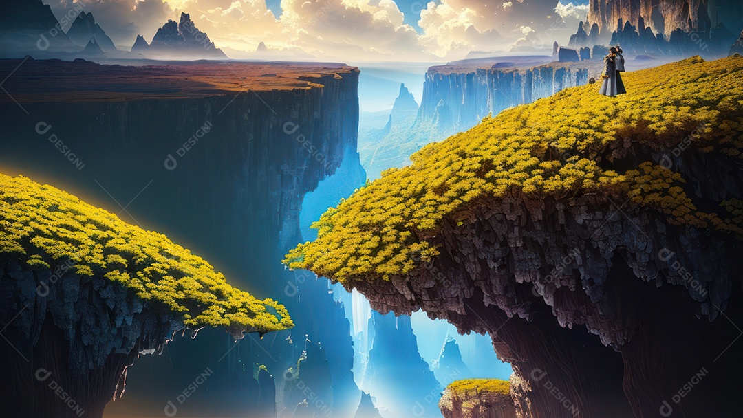 Imagem realista de pessoa caminhando sobre lindos lugares.