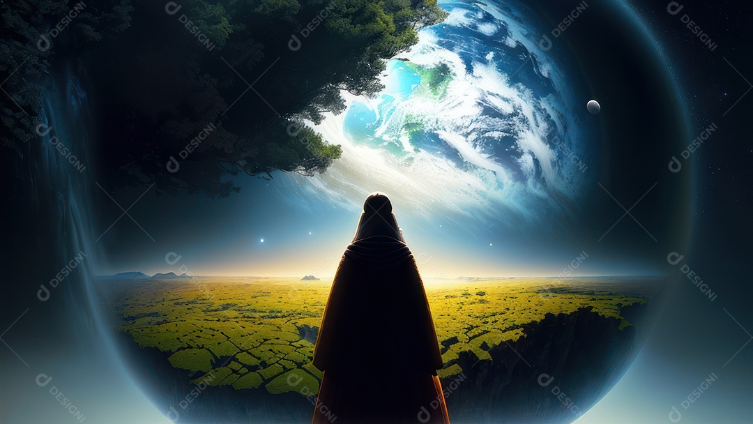 Imagem realista de pessoa caminhando sobre lindos lugares.