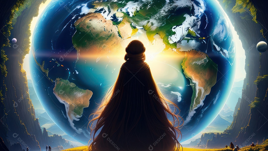 Imagem realista de pessoa caminhando sobre lindos lugares.