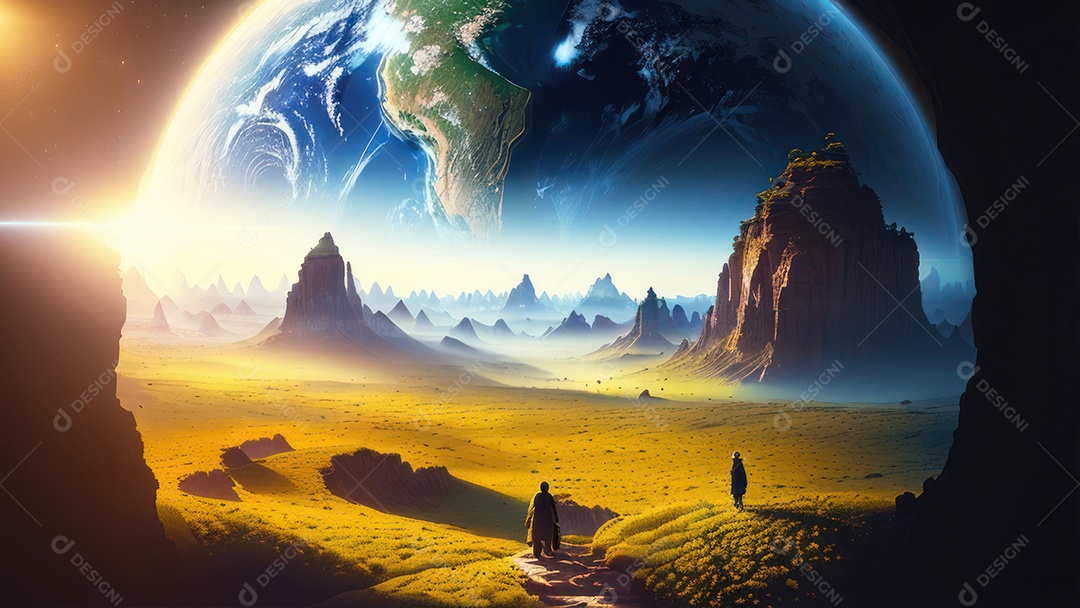 Imagem realista de pessoa caminhando sobre lindos lugares.