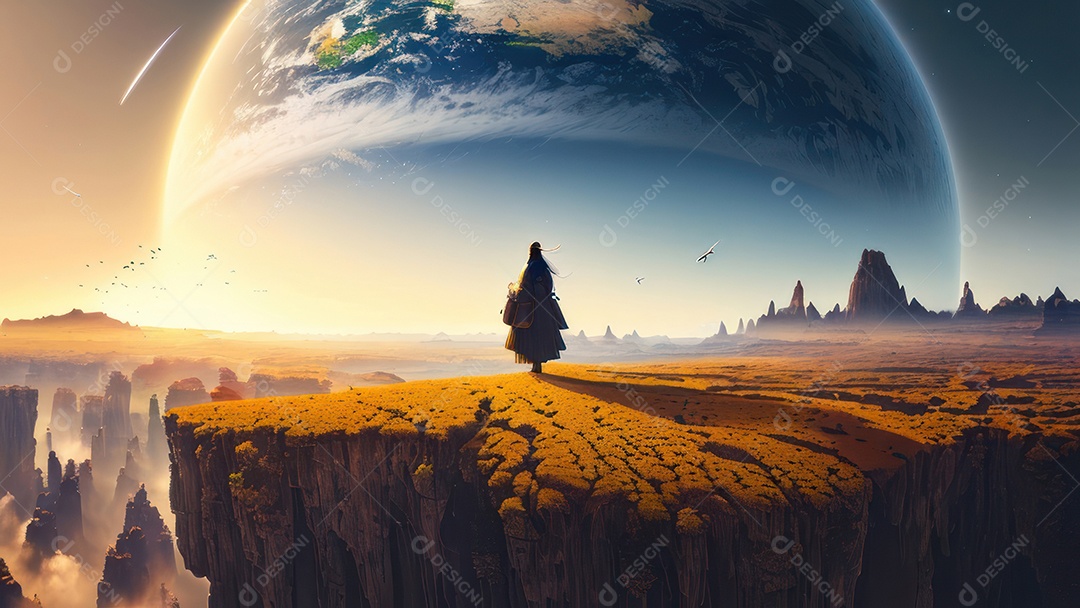 Imagem realista de pessoa caminhando sobre lindos lugares.