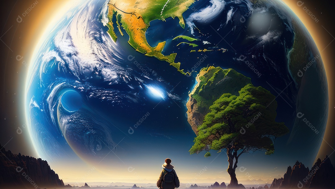 Imagem realista de pessoa caminhando sobre lindos lugares.