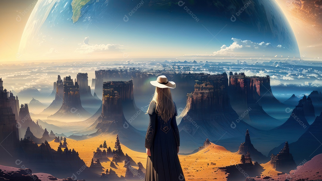 Imagem realista de pessoa caminhando sobre lindos lugares.