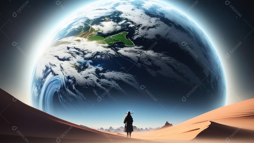 Imagem realista de pessoa caminhando sobre lindos lugares.