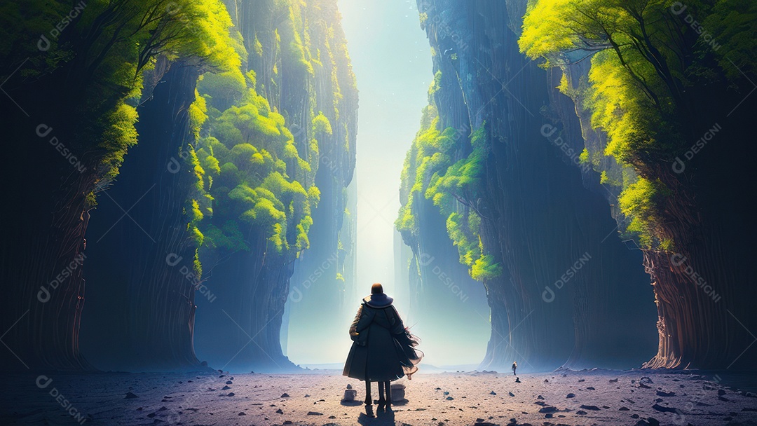 Imagem realista de pessoa caminhando sobre lindos lugares.