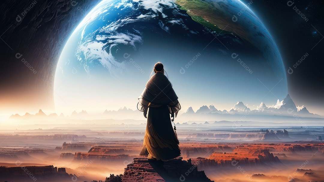 Imagem realista de pessoa caminhando sobre lindos lugares.