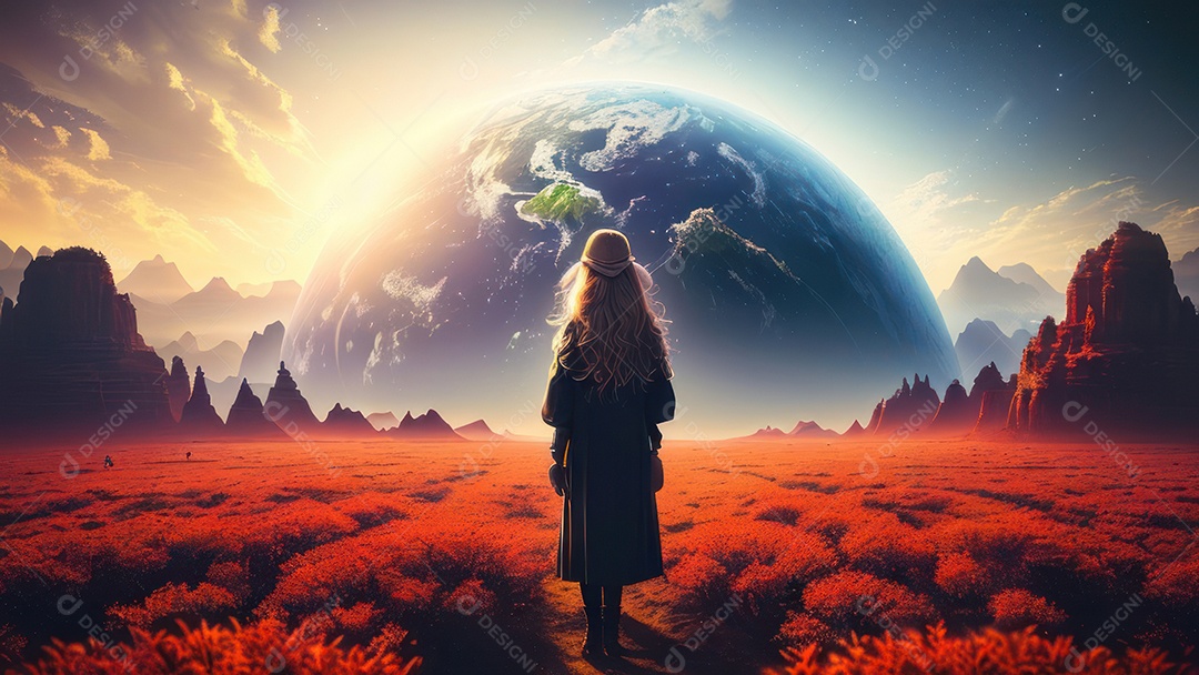 Imagem realista de pessoa caminhando sobre lindos lugares.