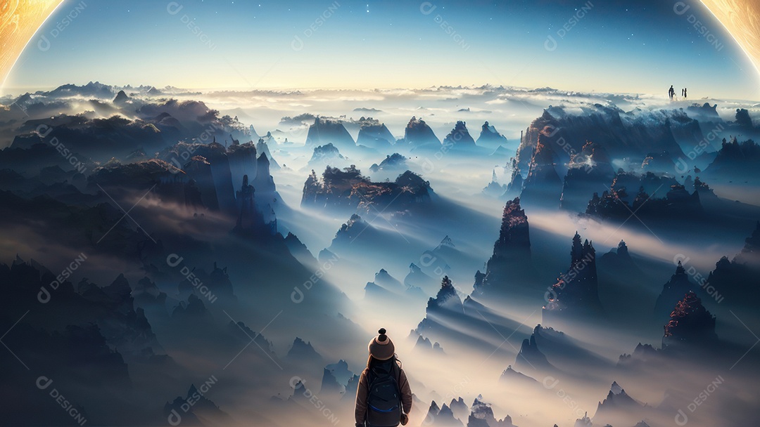 Imagem realista de pessoa caminhando sobre lindos lugares.