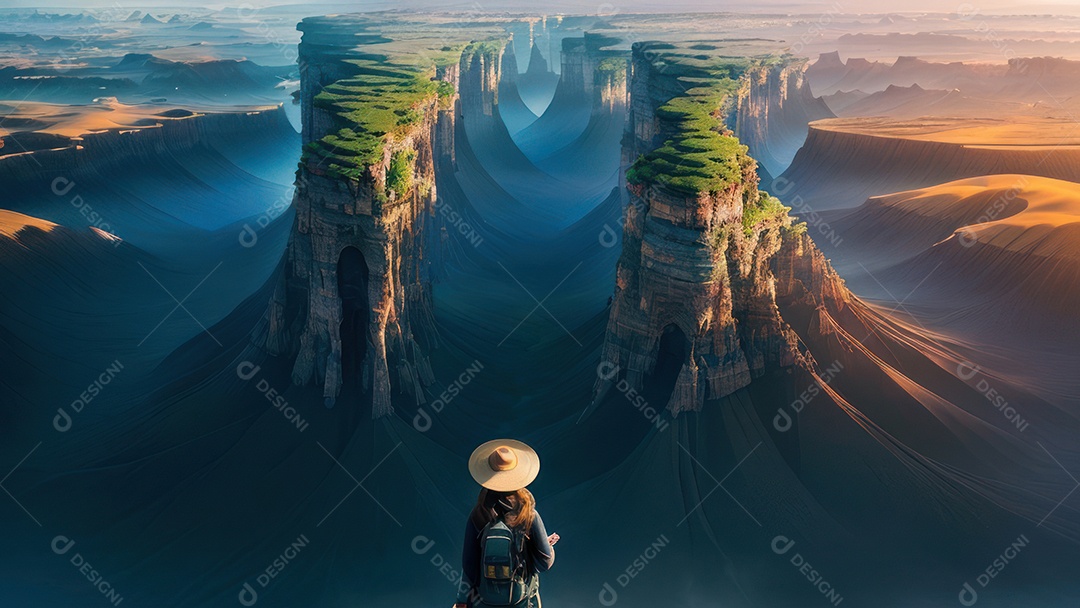 Imagem realista de pessoa caminhando sobre lindo lugar.