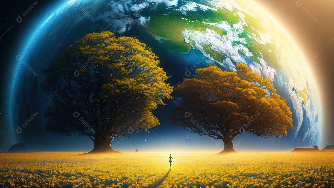 Imagem realista de pessoa caminhando sobre lindo lugar.