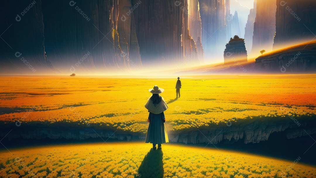 Imagem realista de pessoa caminhando sobre lindo lugar.