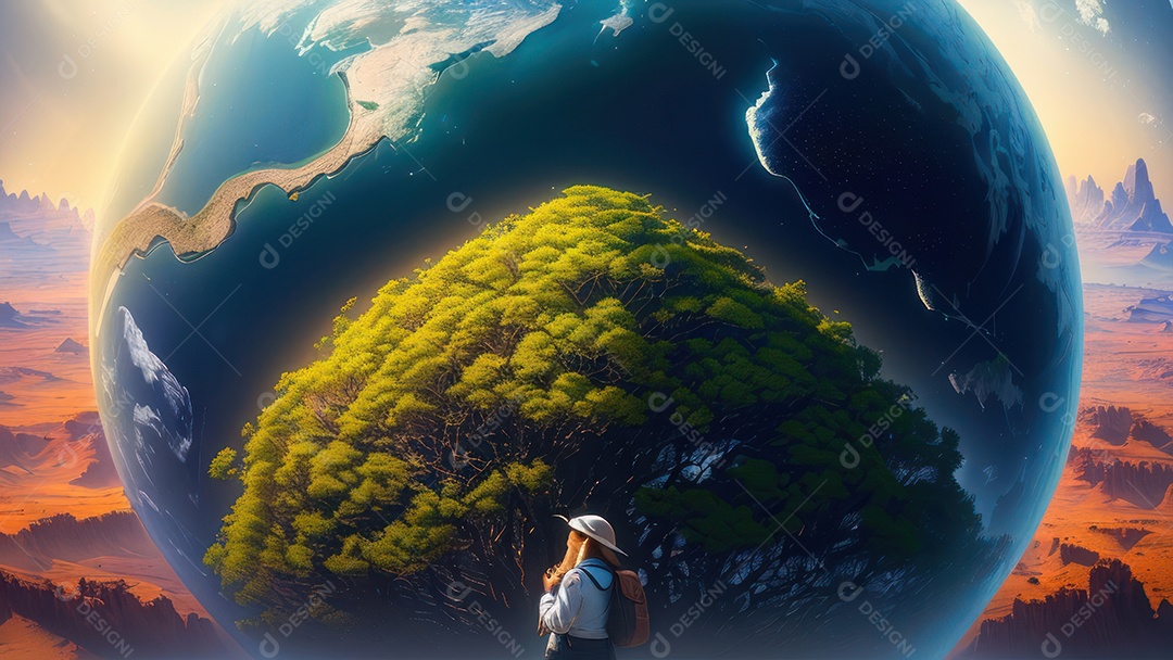 Imagem realista de pessoa caminhando sobre lindo lugar.