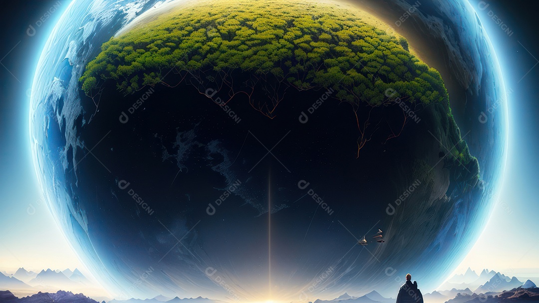 Imagem realista de pessoa caminhando sobre lindo lugar.