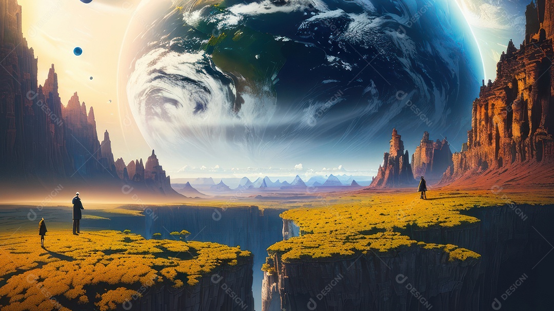 Imagem realista de pessoa caminhando sobre lindo lugar.