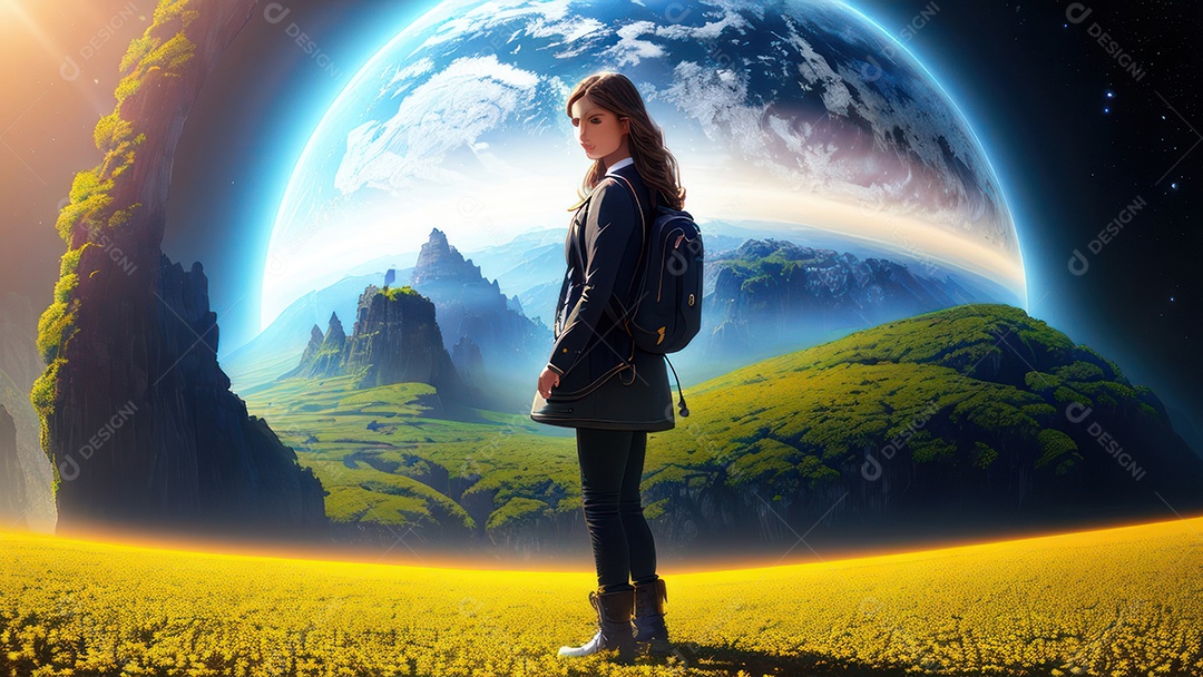 Imagem realista de pessoa caminhando sobre lindo lugar.