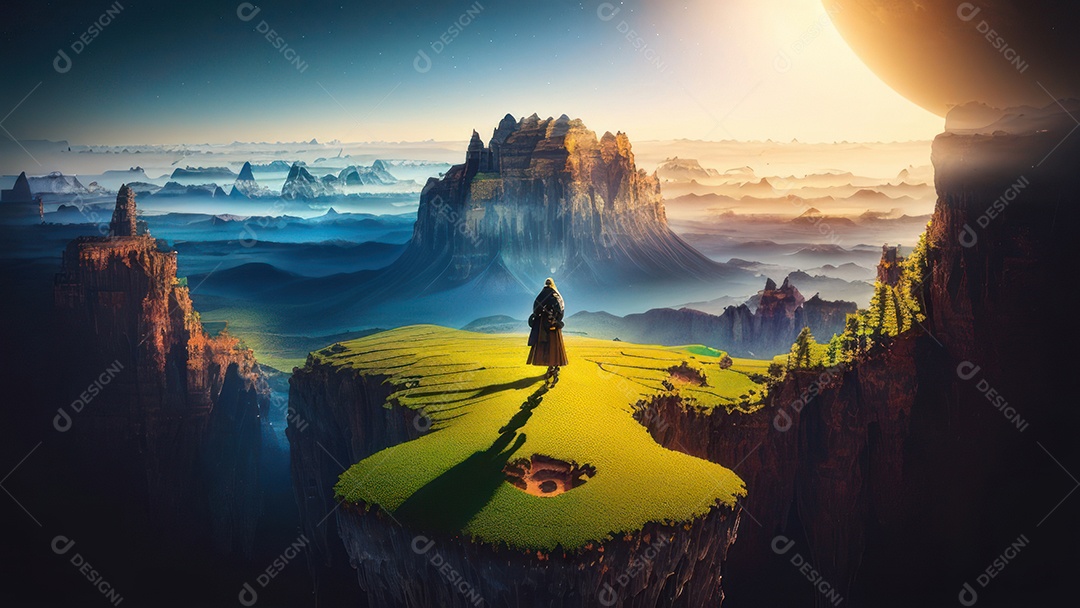 Imagem realista de pessoa caminhando sobre lindo lugar.