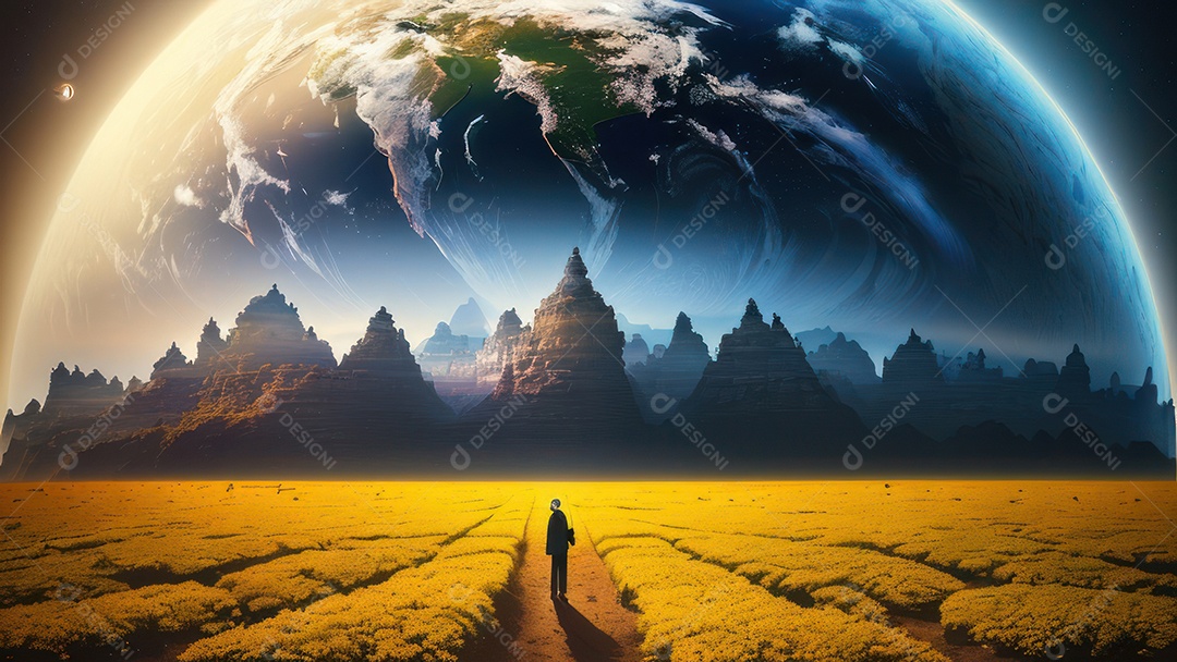 Imagem realista de pessoa caminhando sobre lindo lugar.