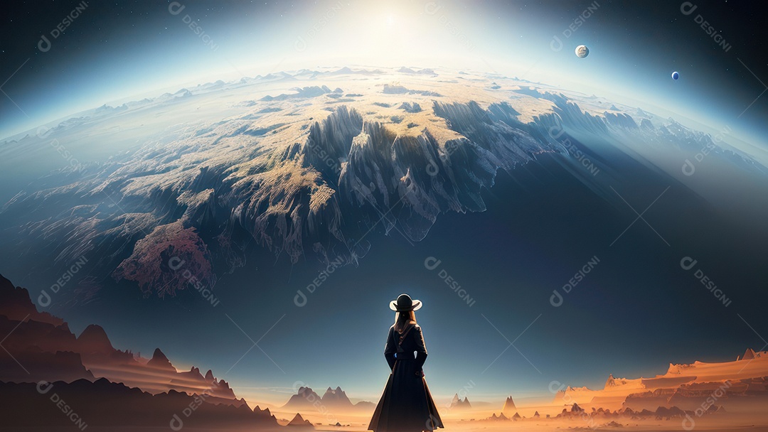 Imagem realista de pessoa caminhando sobre lindo lugar.