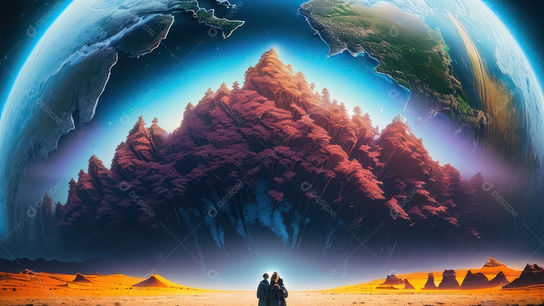 Imagem realista de pessoa caminhando sobre lindo lugar.