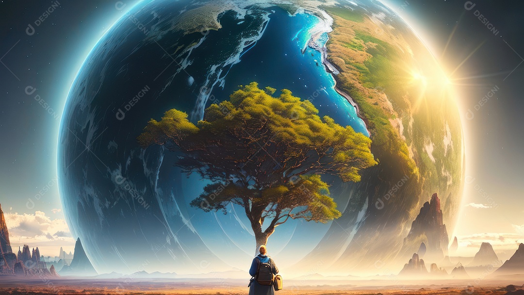 Imagem realista de pessoa caminhando sobre lindo lugar.