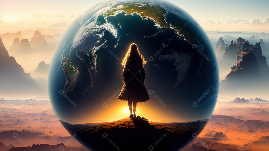 Imagem realista de pessoa caminhando sobre lindo lugar.