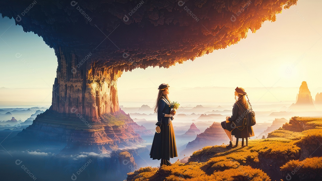 Imagem realista de pessoa caminhando sobre lindo lugar.