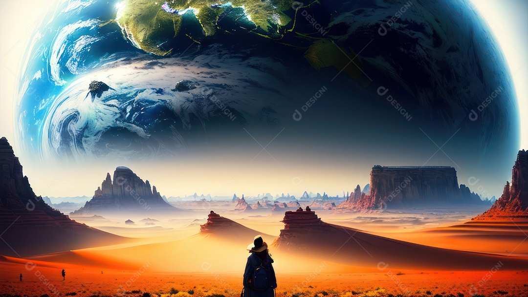 Imagem realista de pessoa caminhando sobre lindo lugar.