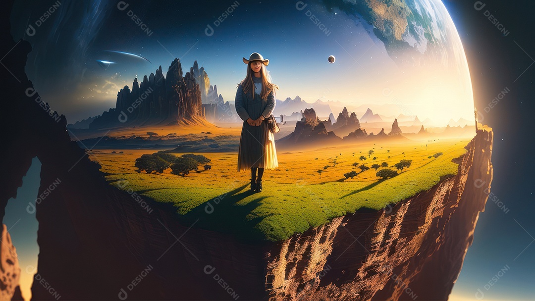 Imagem realista de pessoa caminhando sobre lindo lugar.