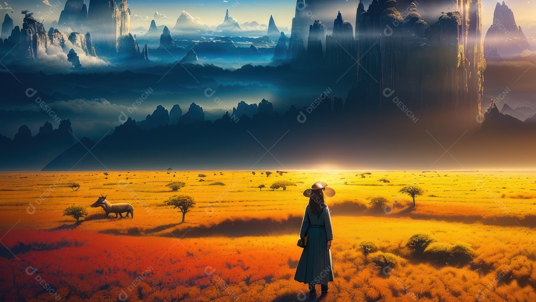 Imagem realista de pessoa caminhando sobre lindo lugar.