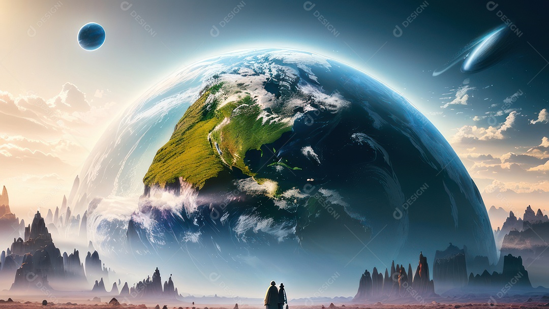 Imagem realista de pessoa caminhando sobre lindo lugar.