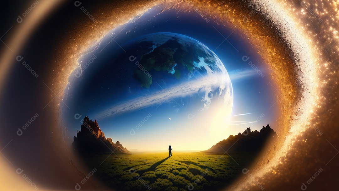 Imagem realista de pessoa caminhando sobre lindo lugar.