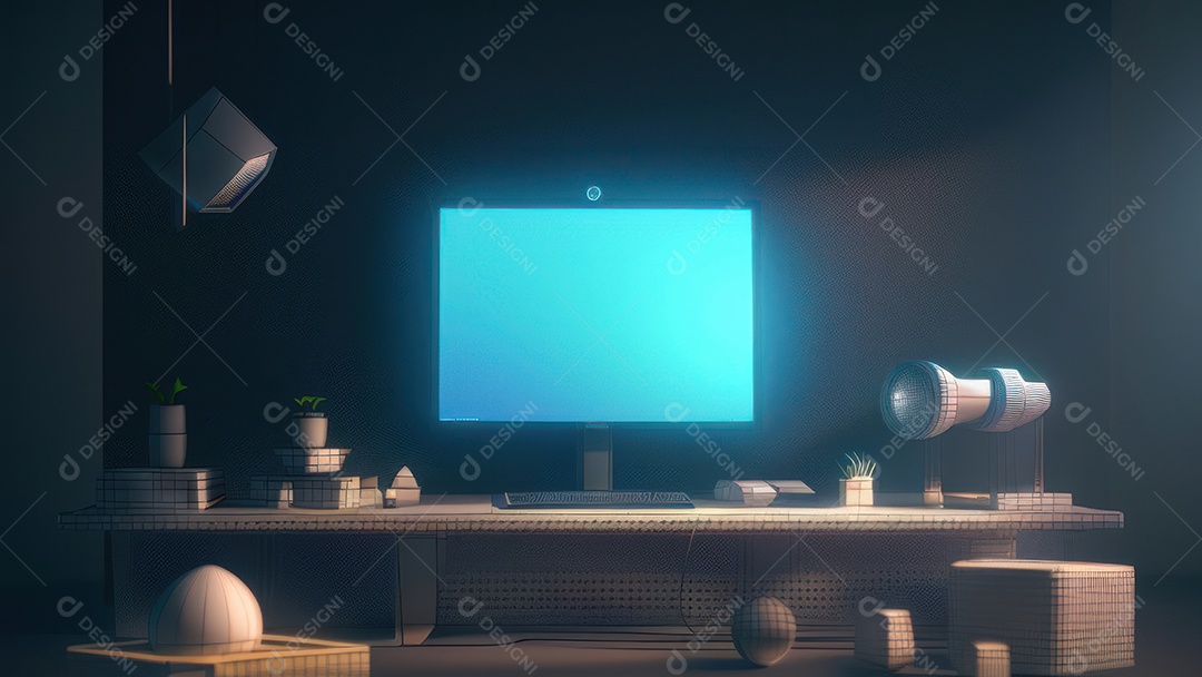 imagem realista de um computador sobre uma mesa escritório.