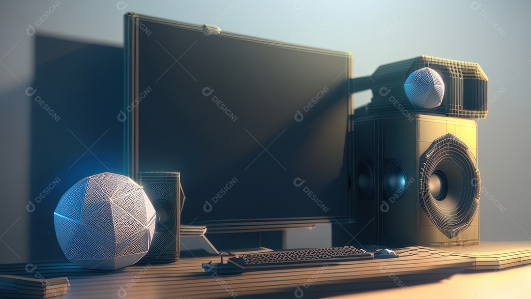 imagem realista de um computador sobre uma mesa escritório.