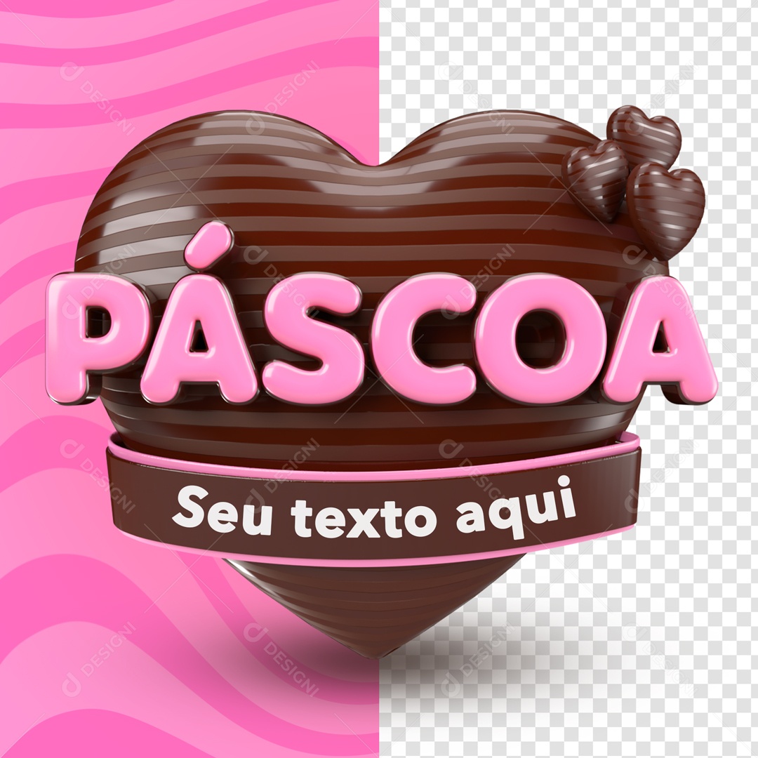 Selo 3D Coração Chocolate Páscoa Rosa Escreva Seu Texto PSD