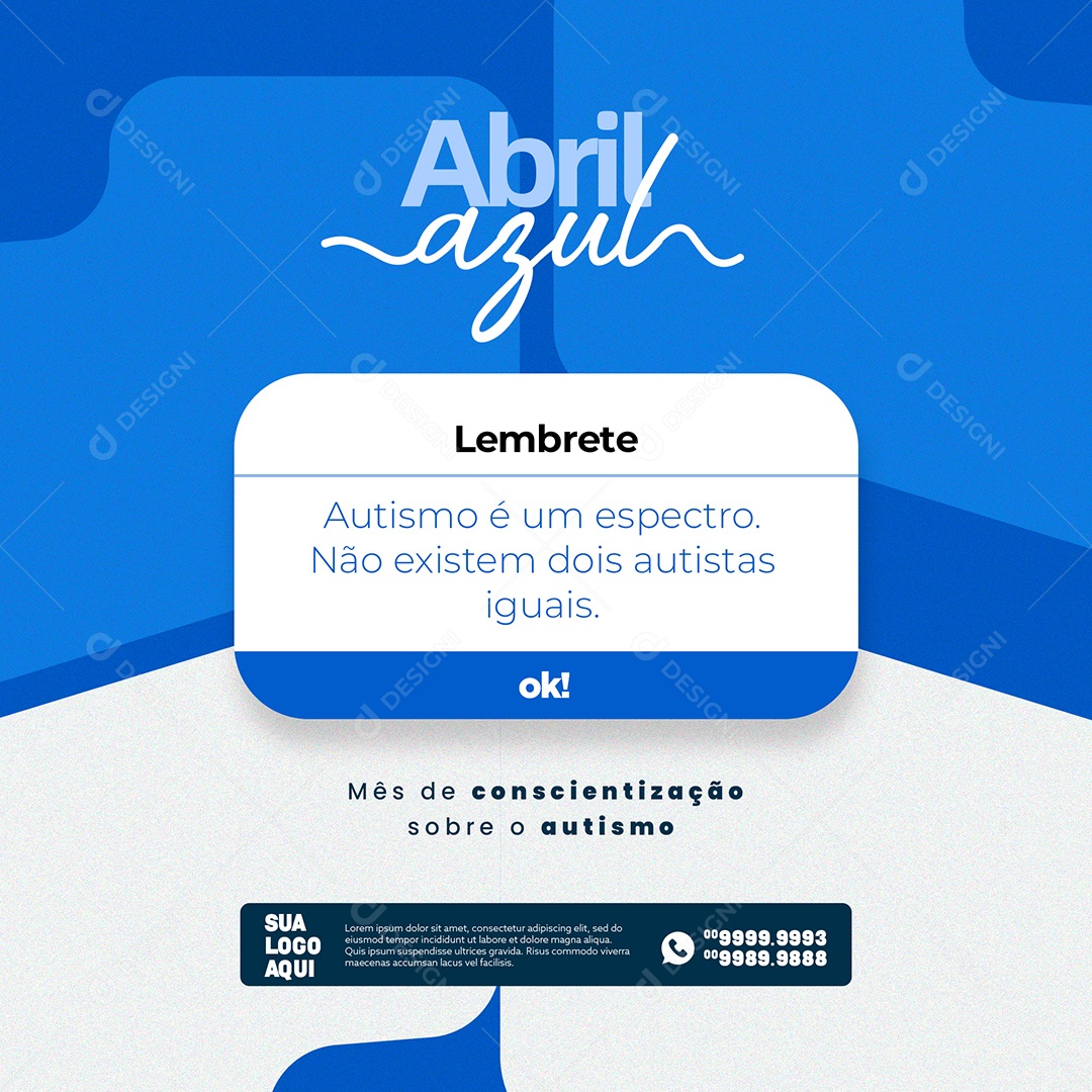 Lembrete Abril Azul, Mês de Conscientização Sobre o Autismo Social Media PSD Editável