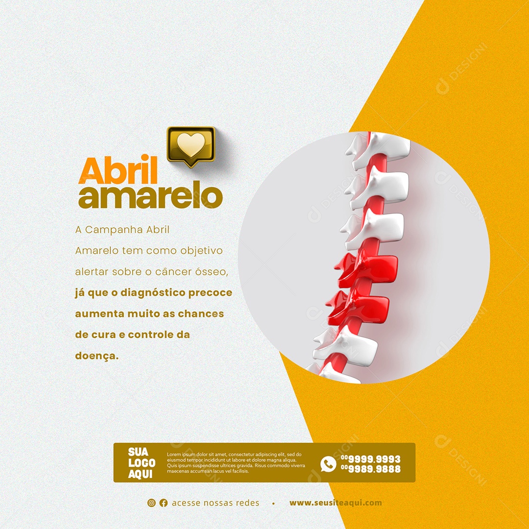 Abril Amarelo, Mês de Conscientização Sobre o Câncer Ósseo. Social Media PSD Editável