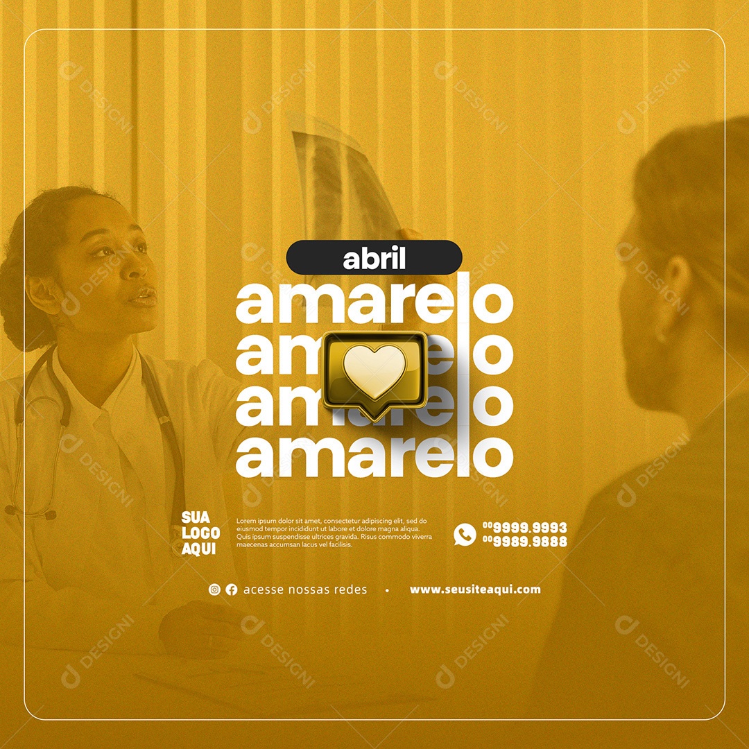 Abril Amarelo, Mês de Conscientização Sobre o Câncer Ósseo. Social Media PSD Editável