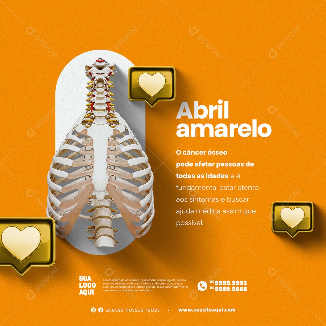 Abril Amarelo, Mês de Conscientização Sobre o Câncer Ósseo. Social Media PSD Editável