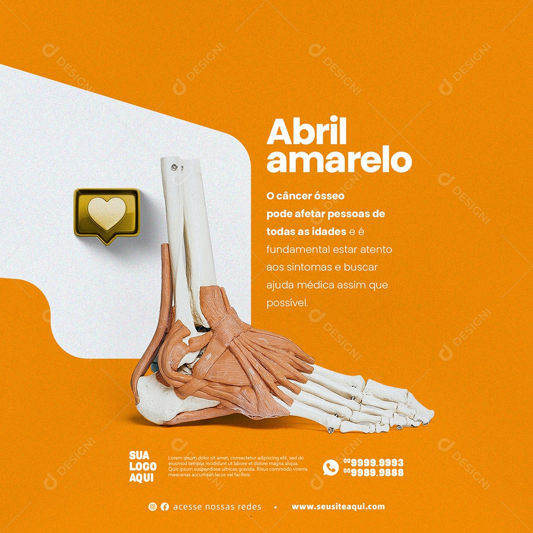 Abril Amarelo, Mês de Conscientização Sobre o Câncer Ósseo. Social Media PSD Editável