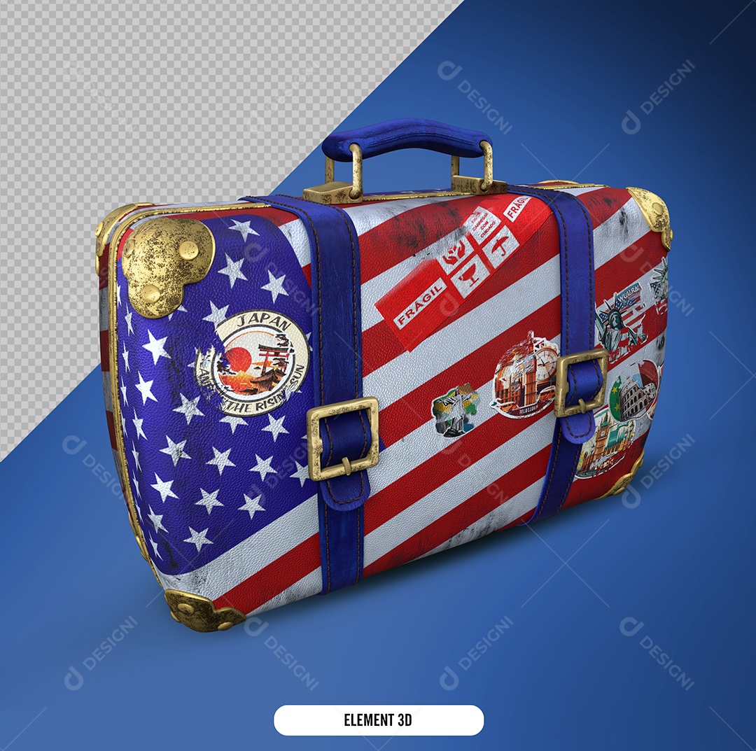 Mala de Viagem Dos Estados Unidos Com Vários Vistos Elemento 3D Para Composição PSD