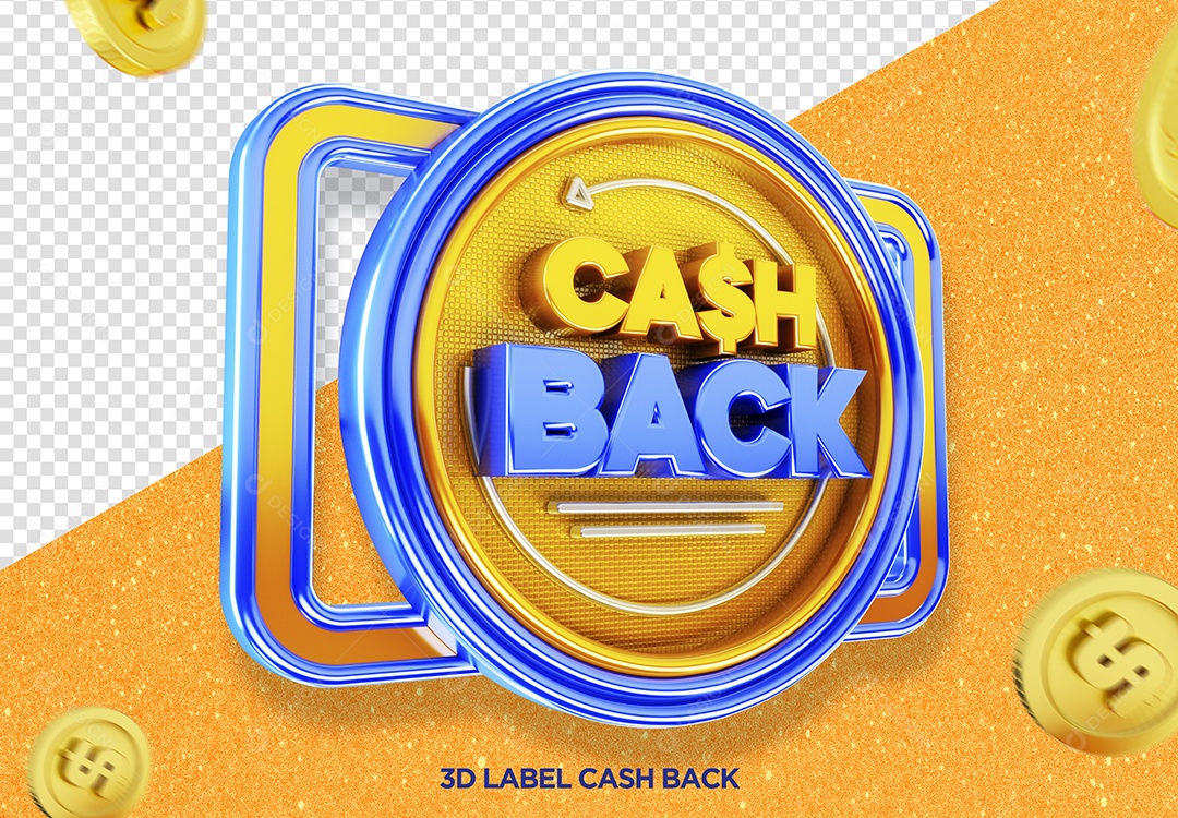 Selo 3D Cash Back Dinheiro Azul E Dourado Cifrão PSD