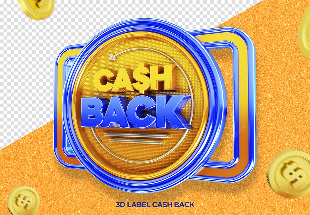 Selo 3D Cash Back Dinheiro Azul E Dourado Cifrão PSD