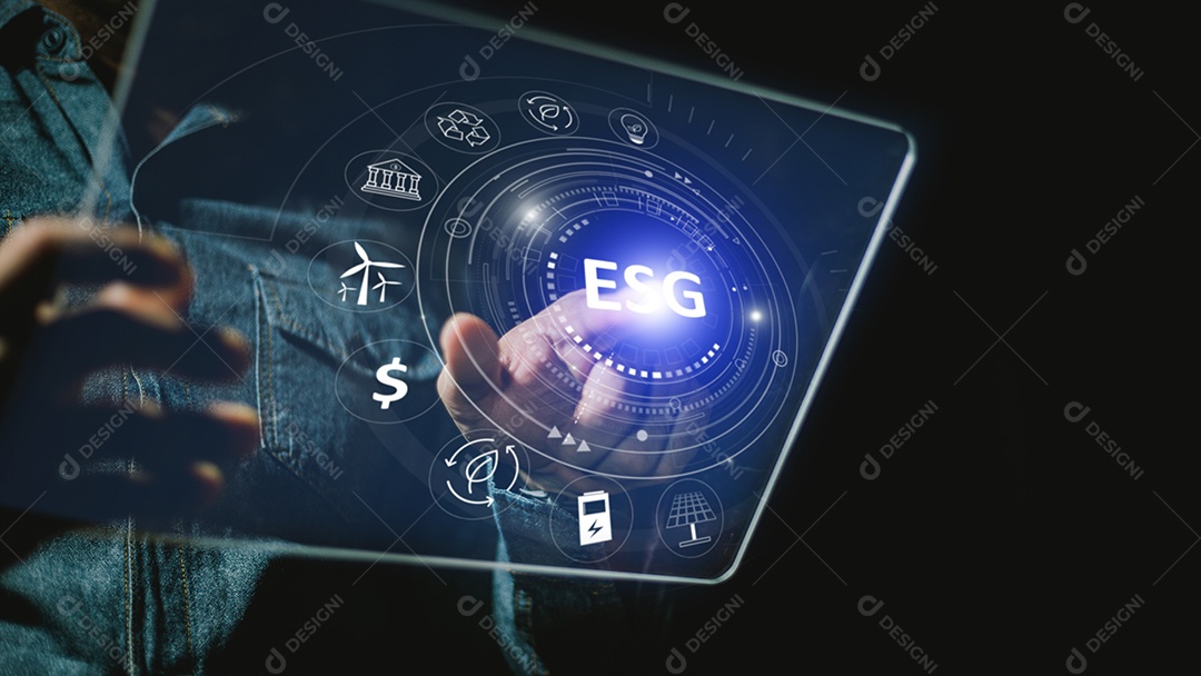 Conceito de ícone ESG. Meio ambiente em mãos renováveis.