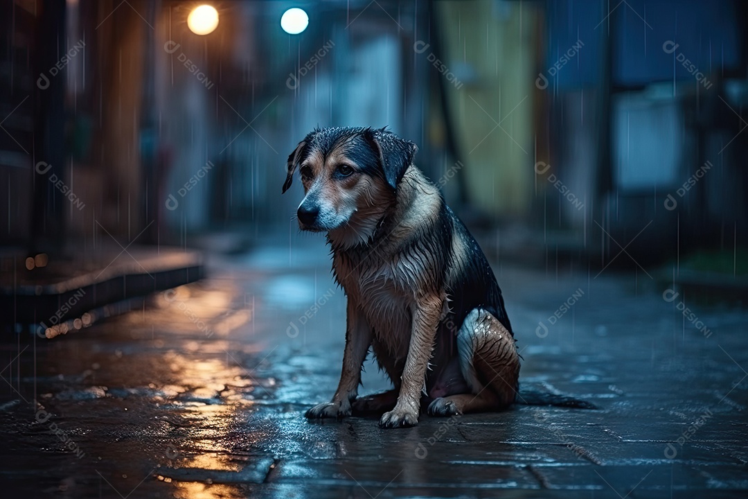 Cachorro de rua no meio da chuva com olhar triste